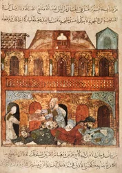 Meal in a Caravanserai in Wasit: Abou Zayd Has Put His Guests to Sleep and Takes Their Goods, from Al Maqamat by Al Hariri, c.1240